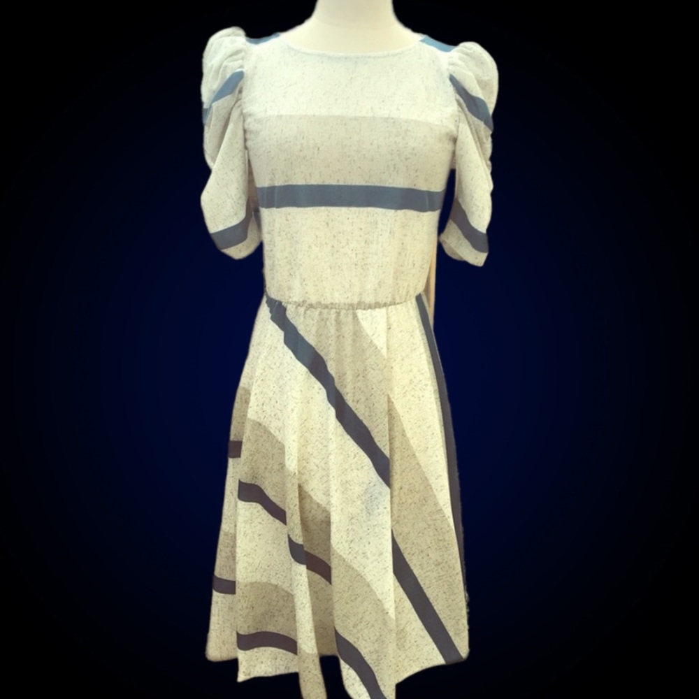 Vintage Puff Sleeve Striped Office Dress
